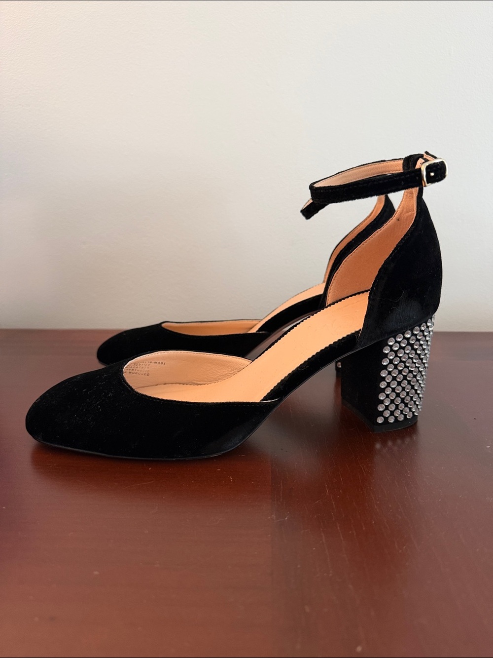 J.Crew Maisie Black Velvet Ankle-Strap Block Heels with Crystal-Studded Heel